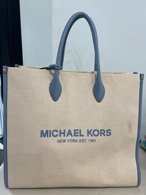 Michael Kors Beige Canvas Tote with Blue Trim and Logo